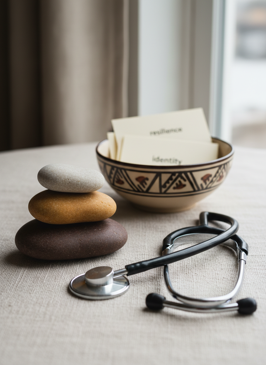 An arrangement of symbolic mental health objects on a smooth, sand-colored linen cloth: three polished river stones in deep brown, warm ochre, and soft gray stacked in a balanced cairn, next to a stethoscope with matte black tubing and brushed steel earpieces resting in a loose curve. A ceramic bowl with a subtle tribal-inspired pattern in black and burnt umber holds neatly folded, cream cardstock cards printed with words like “resilience,” “healing,” and “identity.” Soft, overcast window light from the right creates gentle, shadowed contours and an introspective, grounded mood. Photographic realism with a shallow depth of field keeps the stones and stethoscope sharply in focus while blurring the textured fabric background, evoking holistic, culturally attuned mental health care.