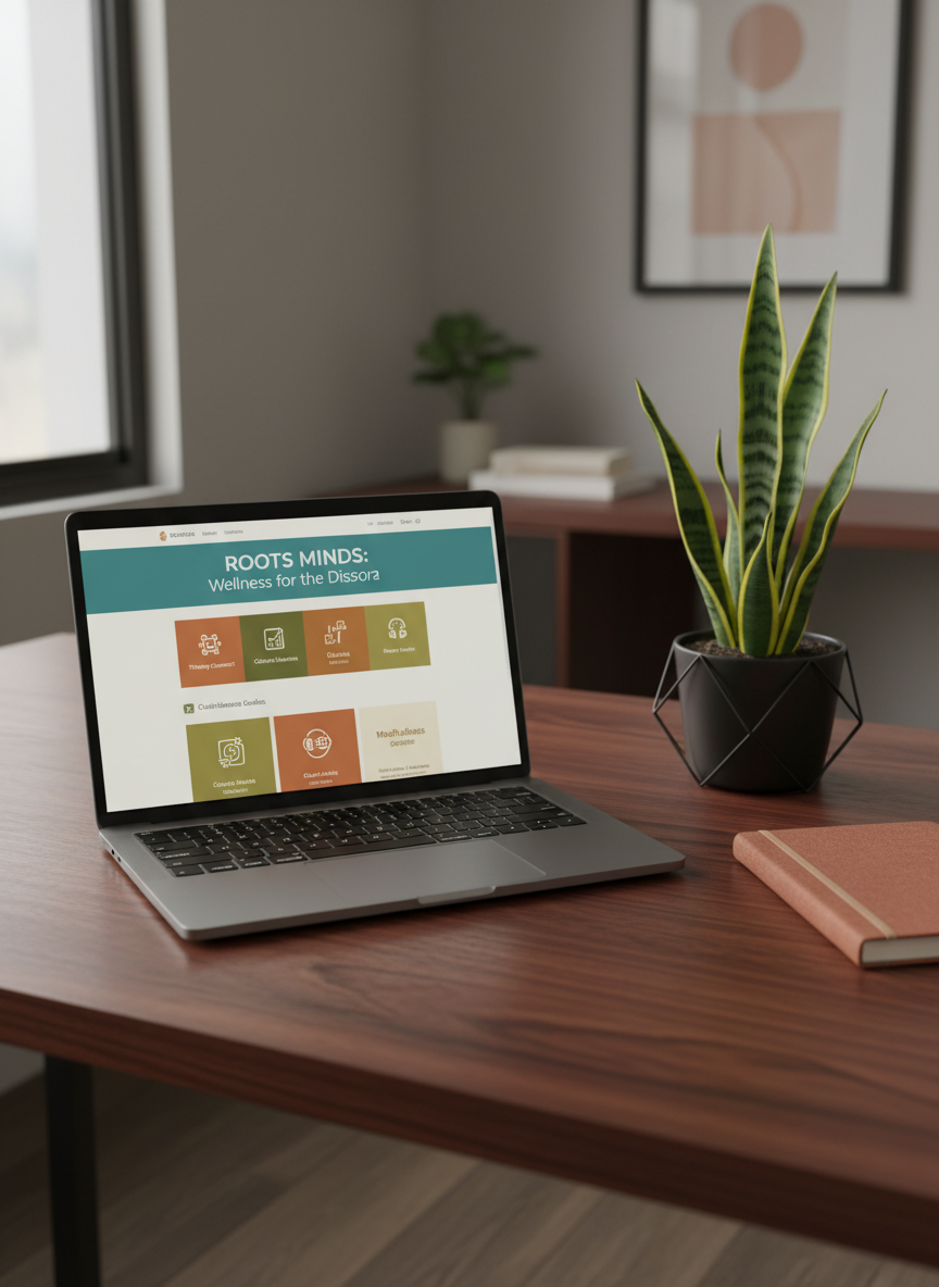 A close-up, photographic view of a minimalist wooden desk surface made of rich, dark African mahogany, its subtle grain clearly visible. Centered on the desk is a sleek, open laptop displaying a clean mental health resource homepage with teal and warm earth-tone accents, beside a closed, linen-textured notebook in muted terracotta. A small, geometric black metal planter holds a healthy green snake plant, its glossy leaves catching the light. Soft, diffused daylight comes from the left, suggesting a nearby window, creating a serene, focused atmosphere. The background fades into a gentle blur of neutral-colored office elements. Shot at a slightly elevated angle with a clean, modern, professional aesthetic, emphasizing accessible, online mental health information for people of African descent.